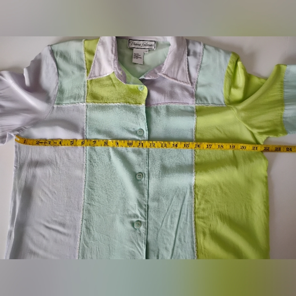 Diane Gilman Silk Beaded Button Up Blouse Pastel Chartreuse Lilac Size Medium - Picture 13 of 14